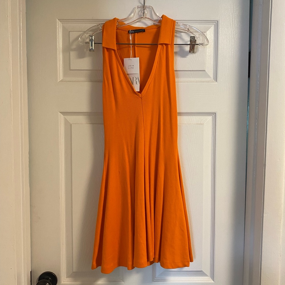 Zara Orange 70s V-Neck Tennis Collared Dress